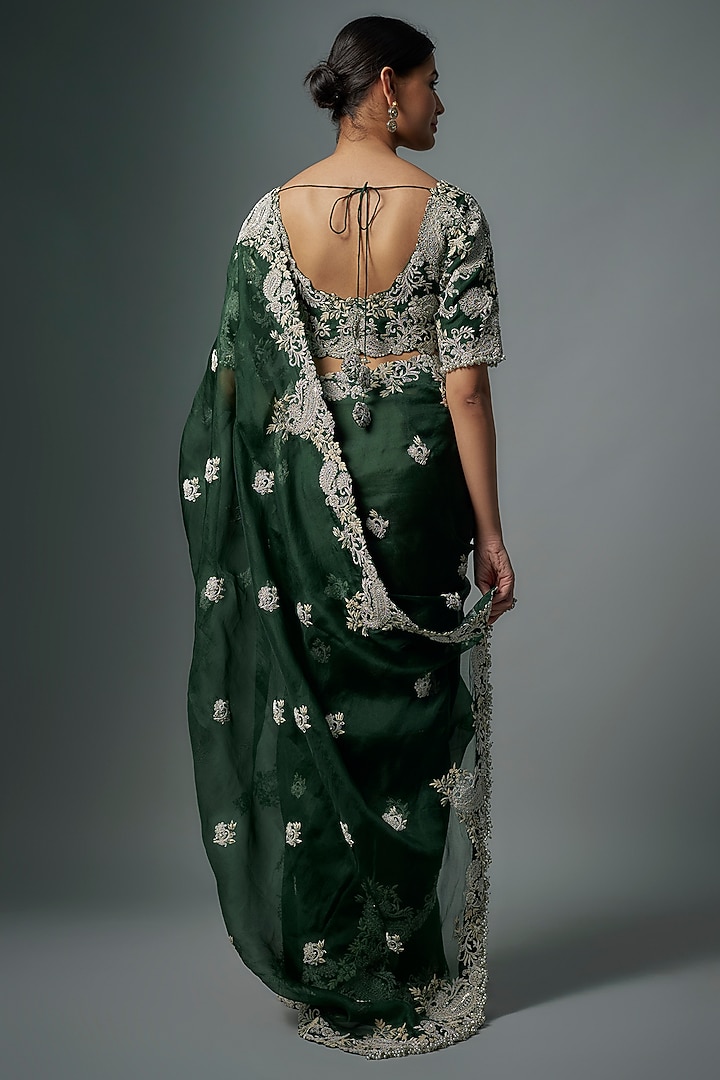 Bottle Green Resham Lampi Embroidered Reception Saree Set by Prisho at Pernia's Pop Up Shop