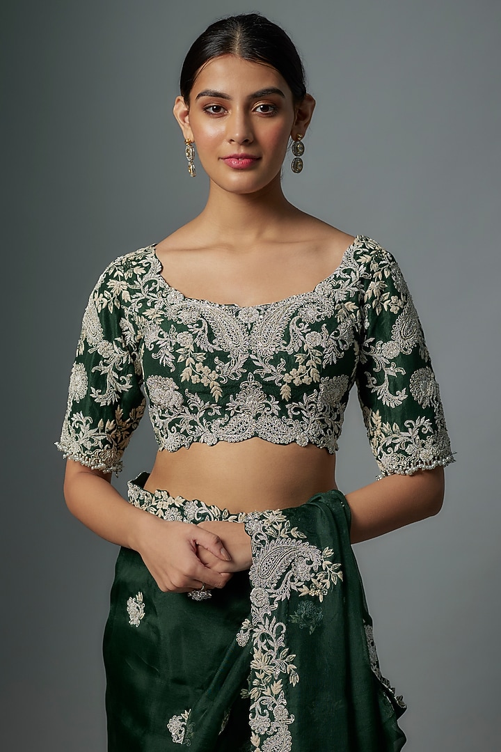Bottle Green Resham Lampi Embroidered Reception Saree Set by Prisho at Pernia's Pop Up Shop