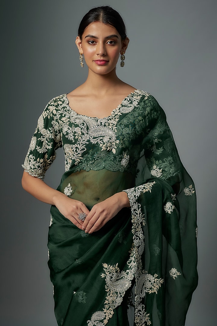 Bottle Green Resham Lampi Embroidered Reception Saree Set by Prisho at Pernia's Pop Up Shop