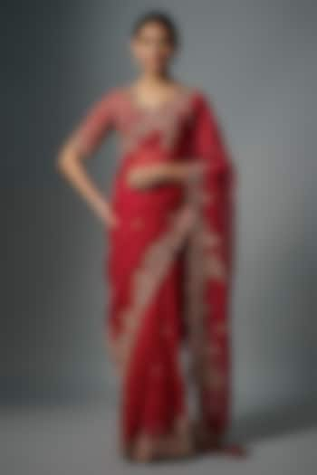 Red Organza Resham Work Saree Set by Prisho at Pernia's Pop Up Shop