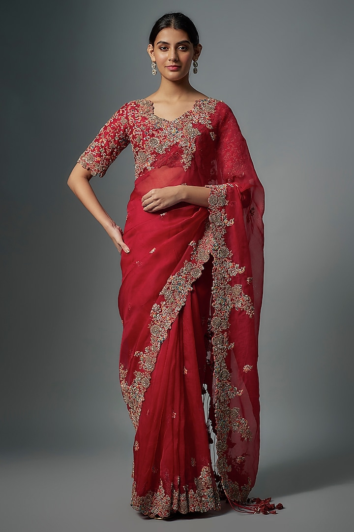 Red Organza Resham Work Saree Set by Prisho at Pernia's Pop Up Shop