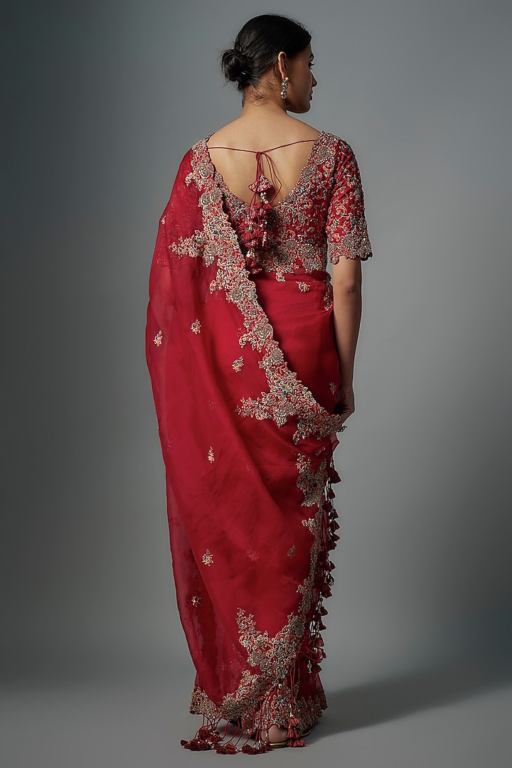 Red Organza Resham Work Reception Saree Set by Prisho at Pernia's Pop Up Shop