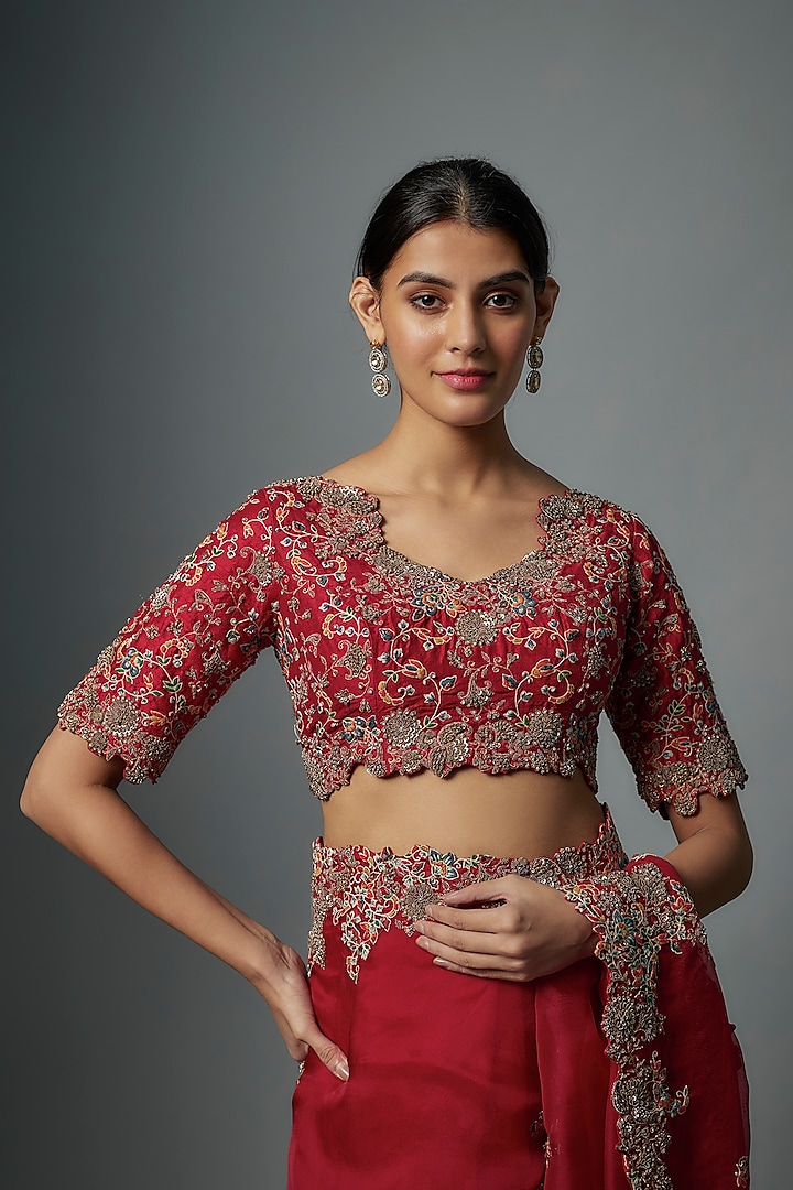 Red Organza Resham Work Reception Saree Set by Prisho at Pernia's Pop Up Shop