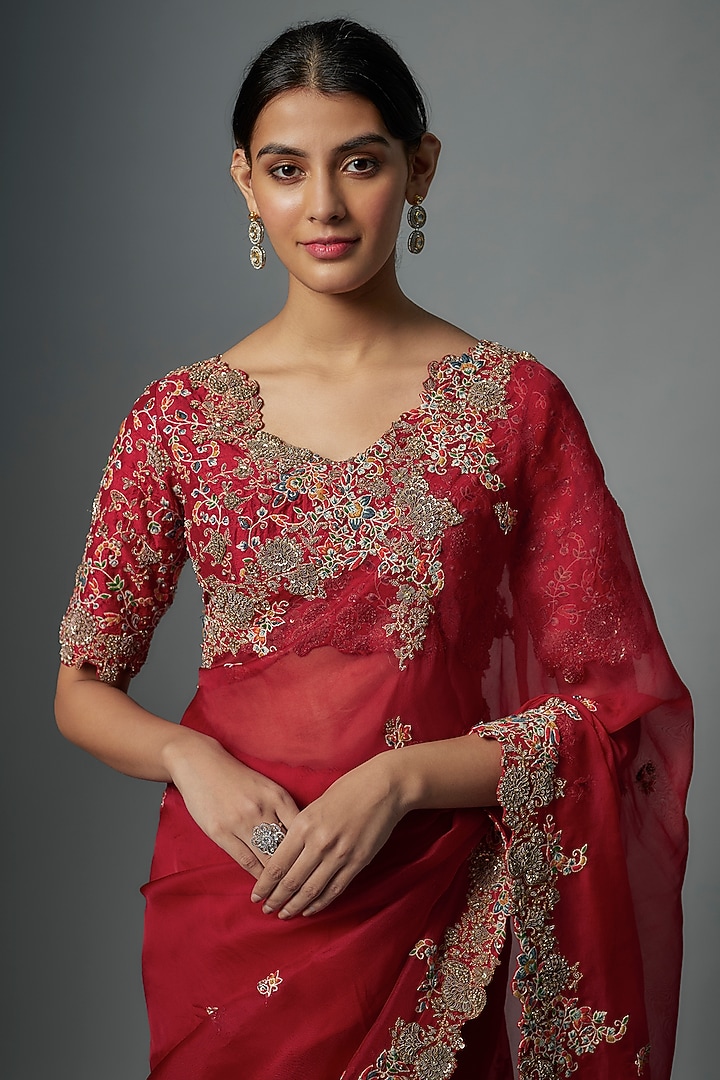 Red Organza Resham Work Reception Saree Set by Prisho at Pernia's Pop Up Shop
