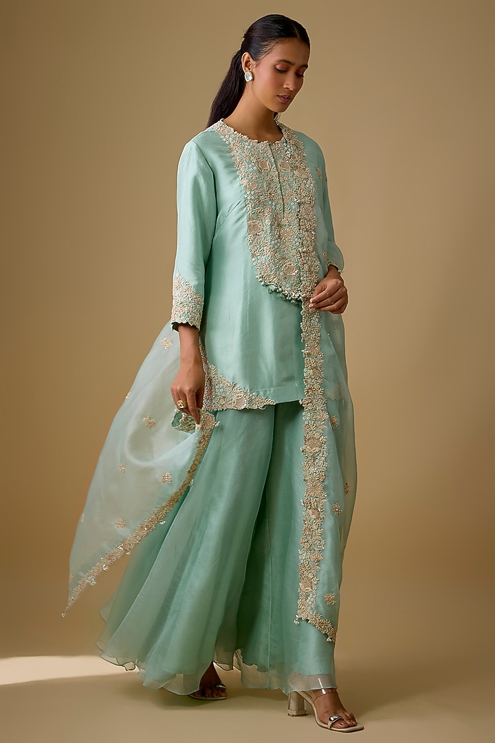 Aqua Silk Wedding Sharara Set by Prisho at Pernia's Pop Up Shop