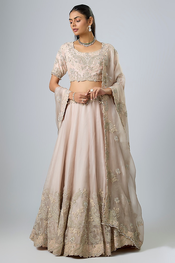 Flamingo Pink Organza Resham Work Bridal Lehenga Set by Prisho at Pernia's Pop Up Shop
