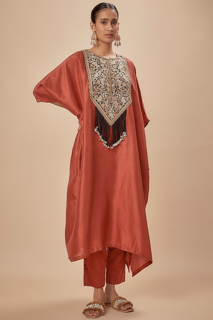 Deep Orange Silk Dori Hand Embroidered Kaftan Set by Prisho at Pernia's Pop Up Shop