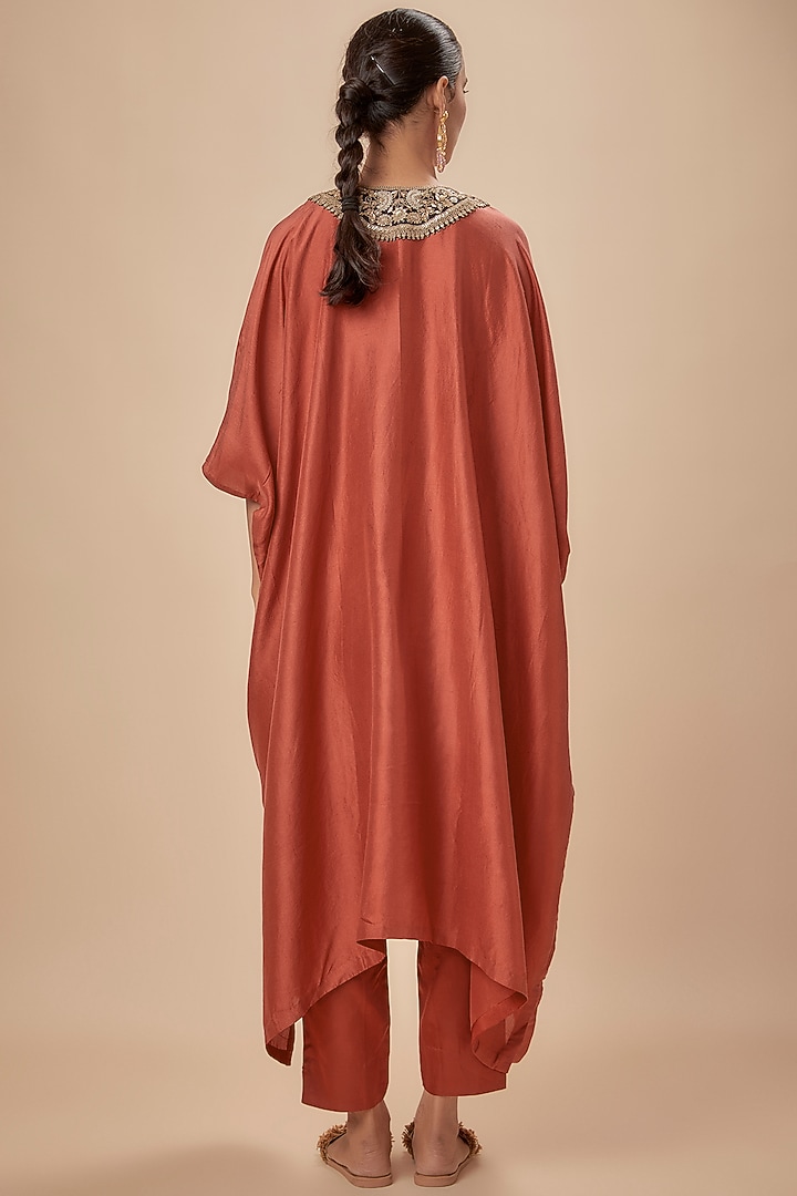Deep Orange Silk Dori Hand Embroidered Kaftan Set by Prisho at Pernia's Pop Up Shop