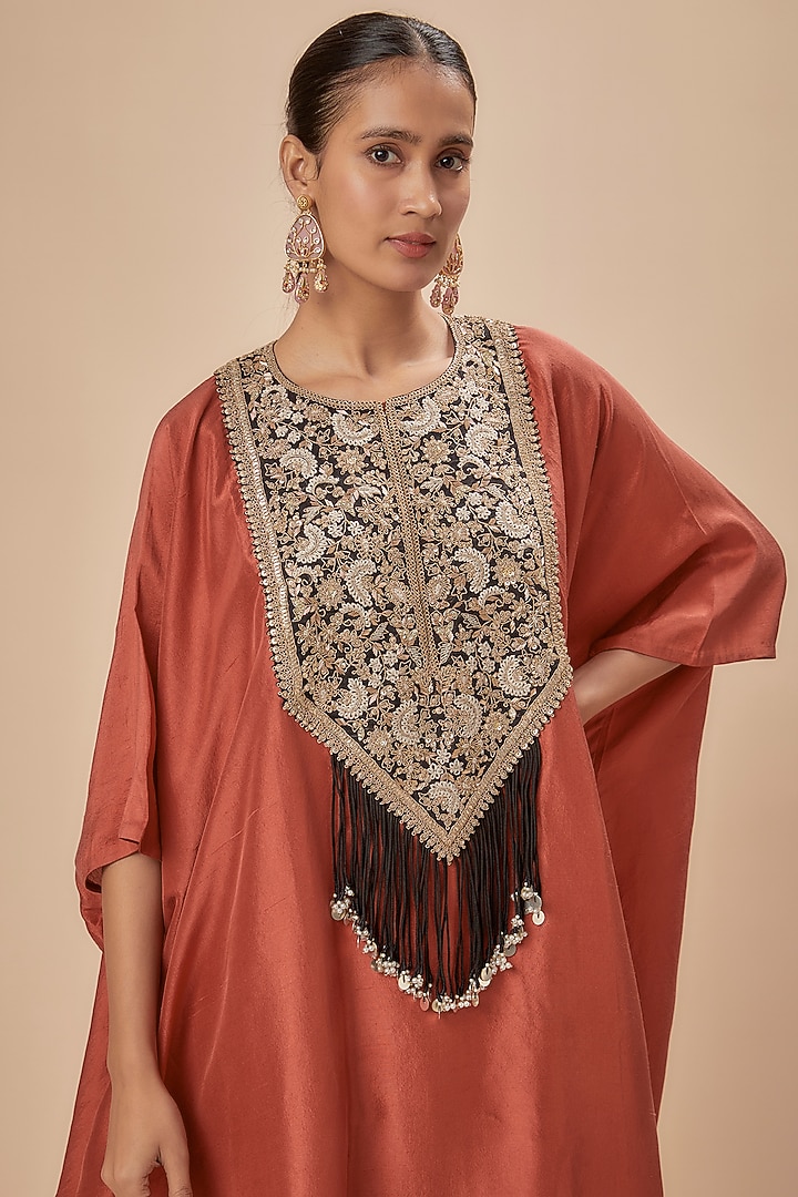 Deep Orange Silk Dori Hand Embroidered Kaftan Set by Prisho at Pernia's Pop Up Shop