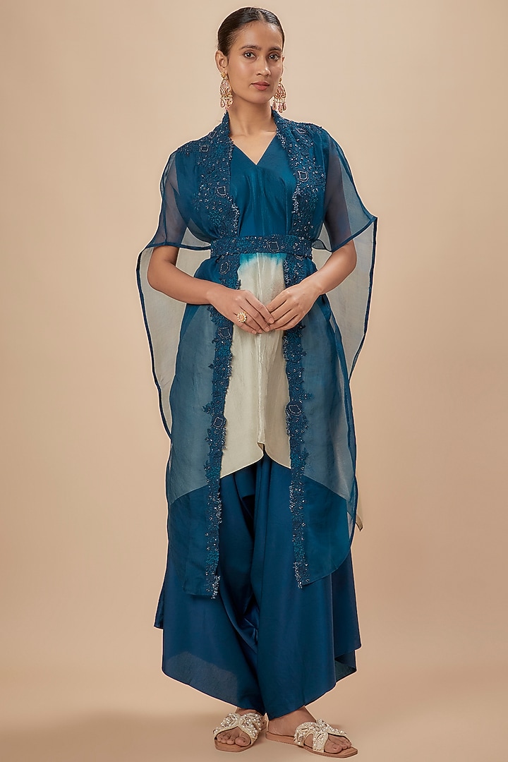 Navy Blue Organza Resham Embroidered Cape Set by Prisho at Pernia's Pop Up Shop