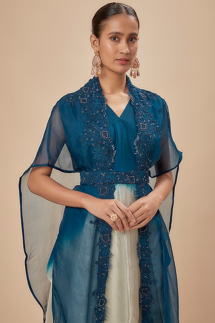 Navy Blue Organza Resham Embroidered Cape Set by Prisho at Pernia's Pop Up Shop