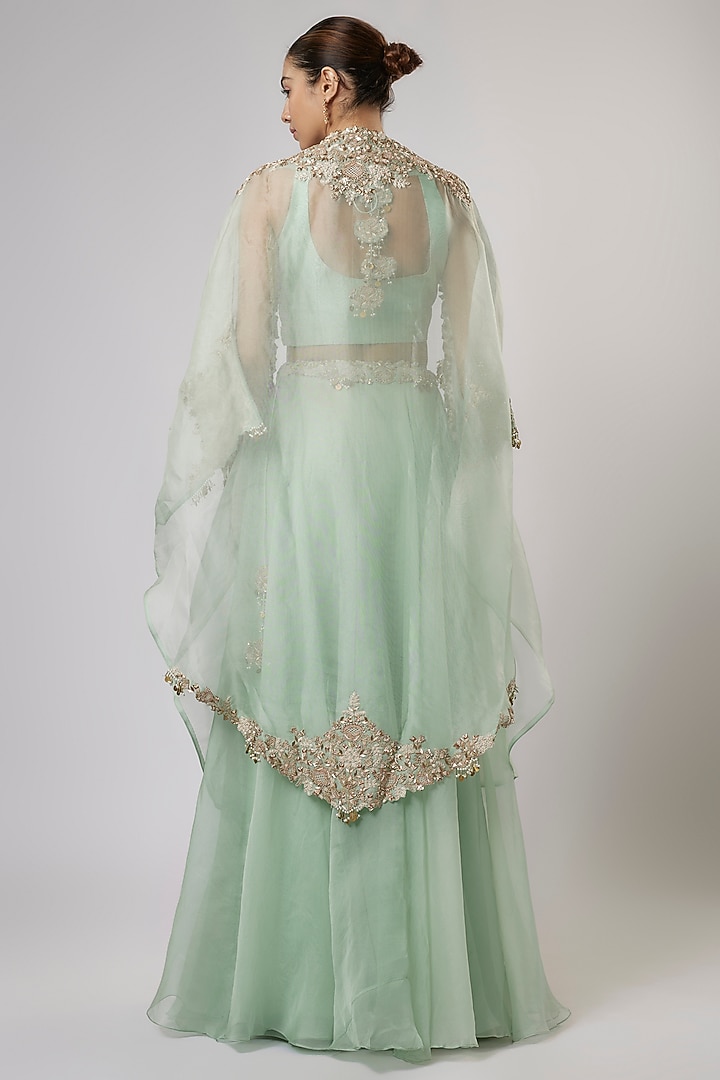 Aqua Blue Organza Resham & Dori Work Cape Set by Prisho at Pernia's Pop Up Shop