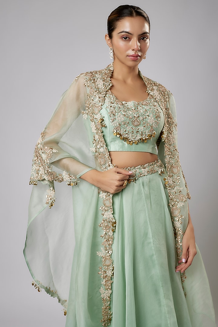 Aqua Blue Organza Resham & Dori Work Cape Set by Prisho at Pernia's Pop Up Shop
