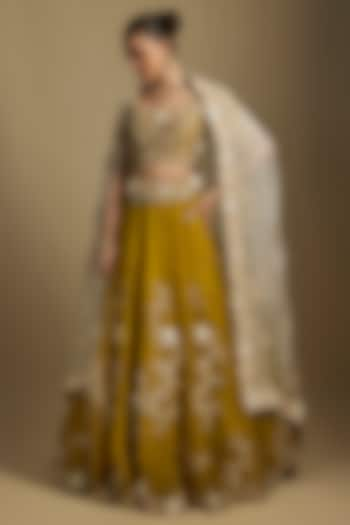 Mustard Organza Resham Work Bridal Lehenga Set by Prisho at Pernia's Pop Up Shop