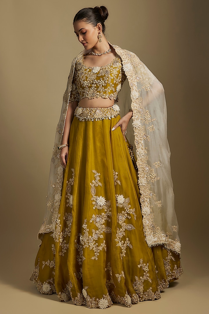 Mustard Organza Resham Work Bridal Lehenga Set by Prisho at Pernia's Pop Up Shop