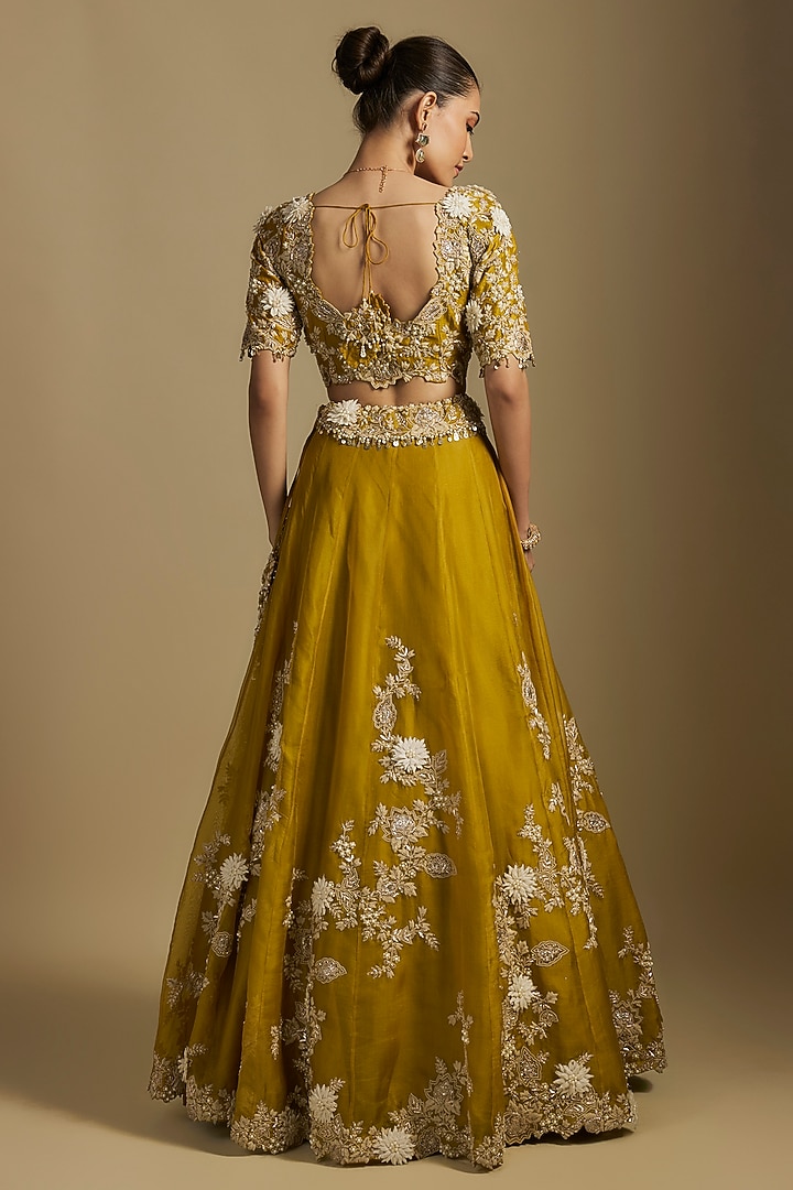 Mustard Organza Resham Work Bridal Lehenga Set by Prisho at Pernia's Pop Up Shop