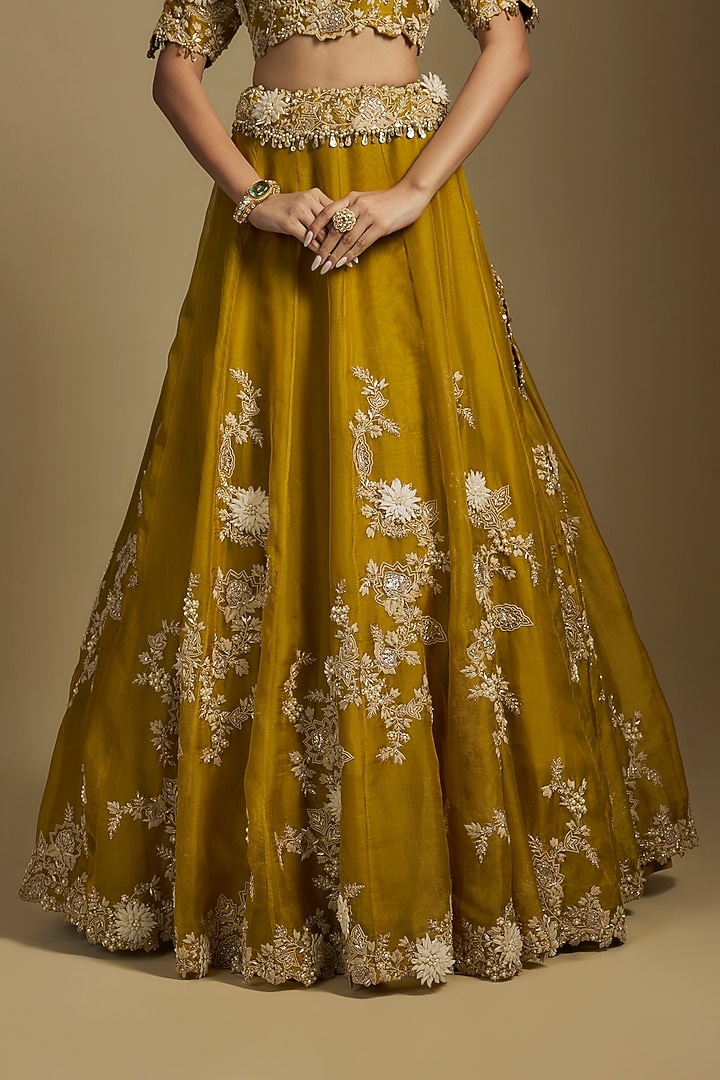 Mustard Organza Resham Work Bridal Lehenga Set by Prisho at Pernia's Pop Up Shop