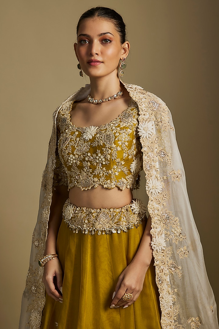 Mustard Organza Resham Work Bridal Lehenga Set by Prisho at Pernia's Pop Up Shop