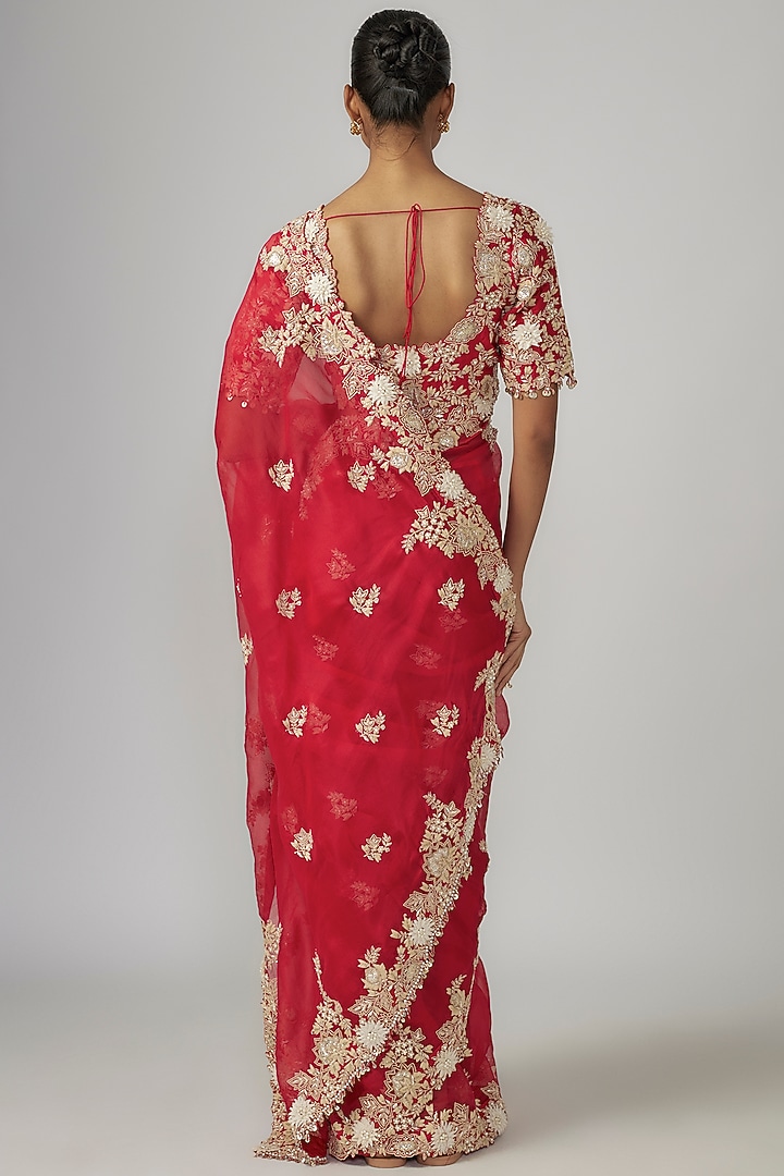 Red Organza Resham & 3D Floral Work Reception Saree Set by Prisho at Pernia's Pop Up Shop