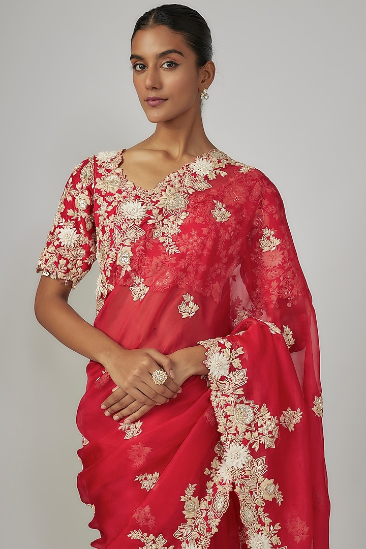 Red Organza Resham & 3D Floral Work Reception Saree Set by Prisho at Pernia's Pop Up Shop