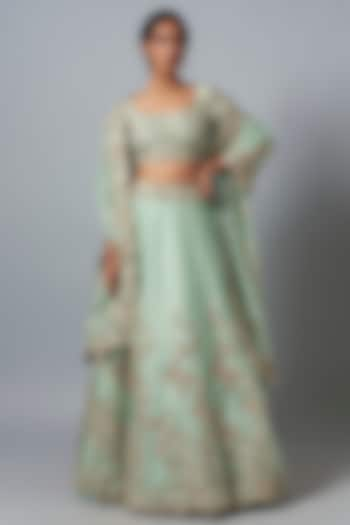 Aqua Organza Dori & Resham Work Bridal Lehenga Set by Prisho at Pernia's Pop Up Shop