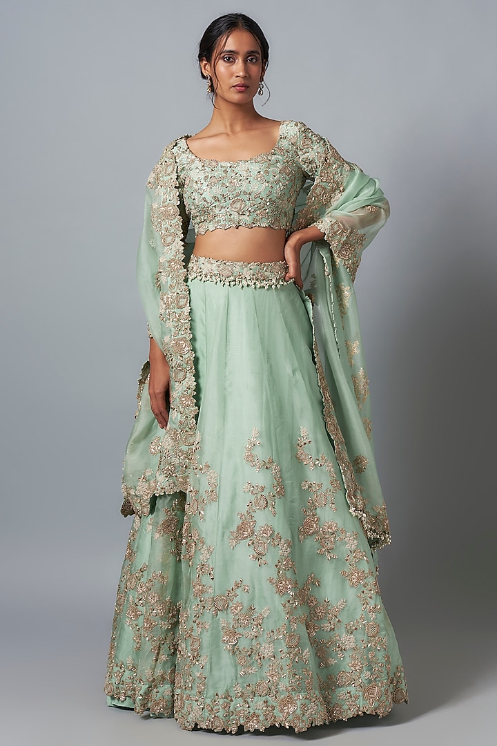 Aqua Organza Dori & Resham Work Bridal Lehenga Set by Prisho at Pernia's Pop Up Shop