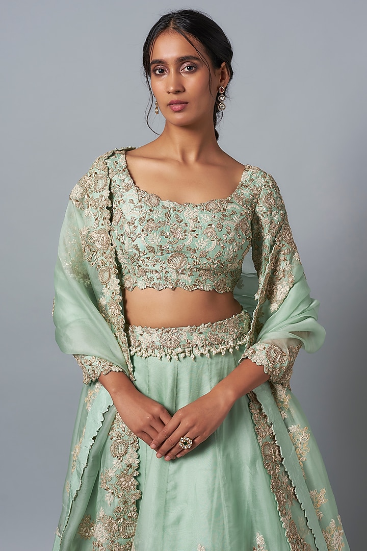 Aqua Organza Dori & Resham Work Bridal Lehenga Set by Prisho at Pernia's Pop Up Shop