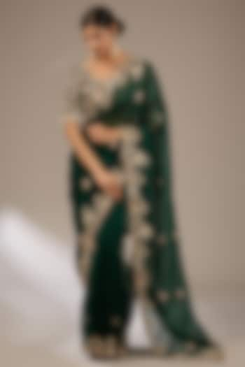 Bottle Green Organza 3D Floral Embroidered Saree Set by Prisho at Pernia's Pop Up Shop