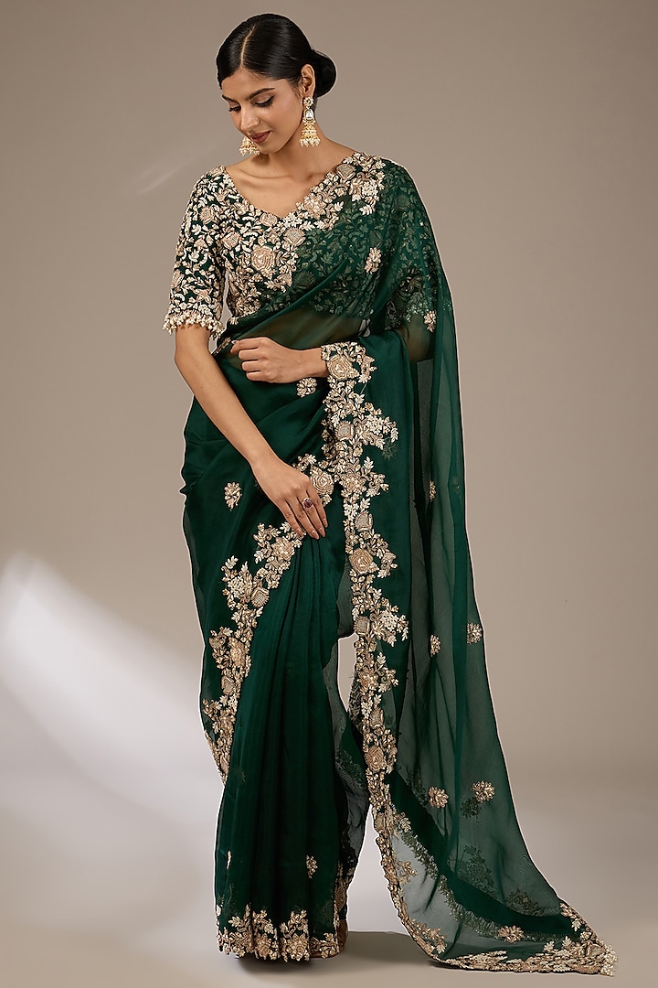 Bottle Green Organza 3D Floral Embroidered Saree Set by Prisho at Pernia's Pop Up Shop