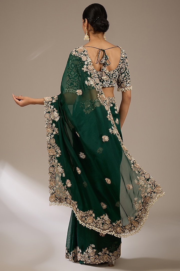 Bottle Green Organza 3D Floral Embroidered Reception Saree Set by Prisho at Pernia's Pop Up Shop