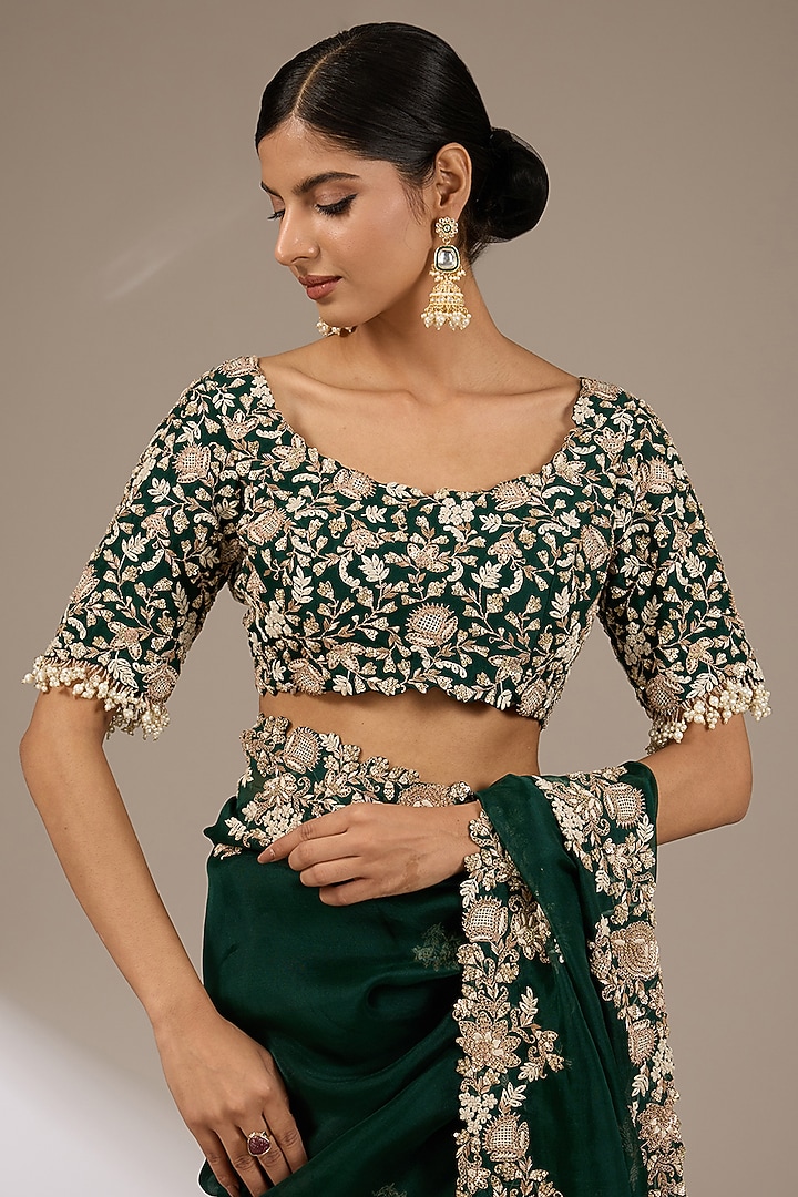 Bottle Green Organza 3D Floral Embroidered Reception Saree Set by Prisho at Pernia's Pop Up Shop