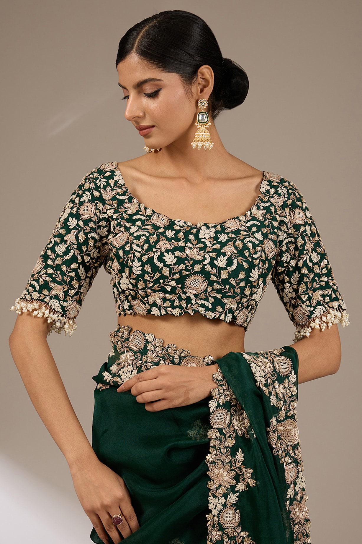 Bottle Green Organza 3D Floral Embroidered Saree Set by Prisho at