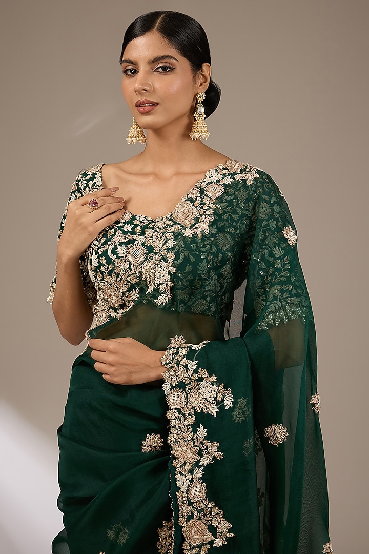 Bottle Green Organza 3D Floral Embroidered Reception Saree Set by Prisho at Pernia's Pop Up Shop
