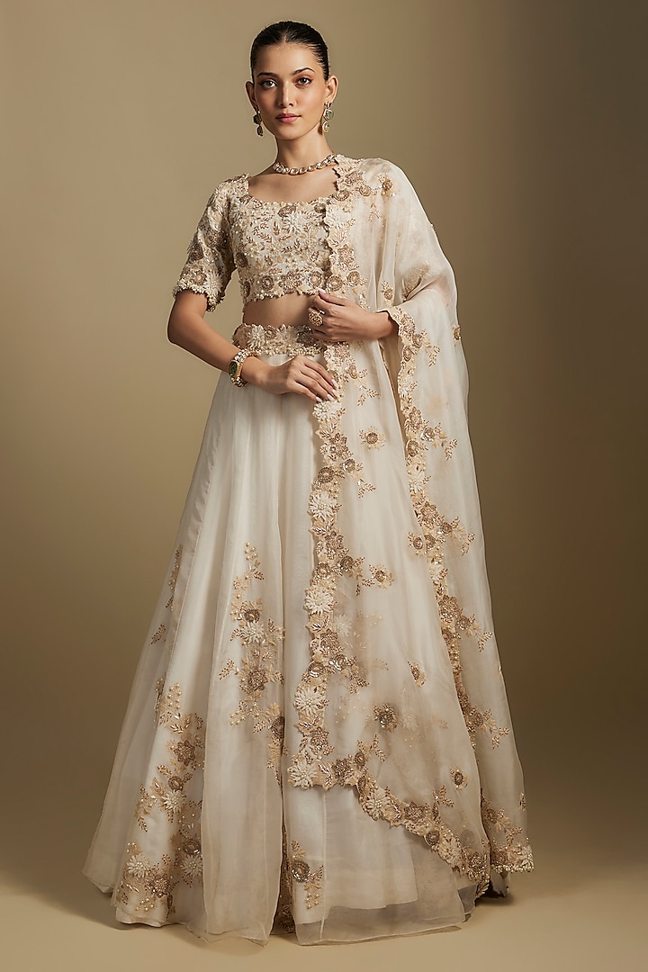 Ivory Organza Resham Work Bridal Lehenga Set by Prisho at Pernia's Pop Up Shop