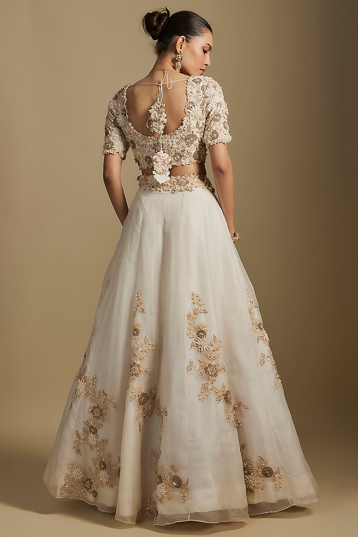 Ivory Organza Resham Work Bridal Lehenga Set by Prisho at Pernia's Pop Up Shop