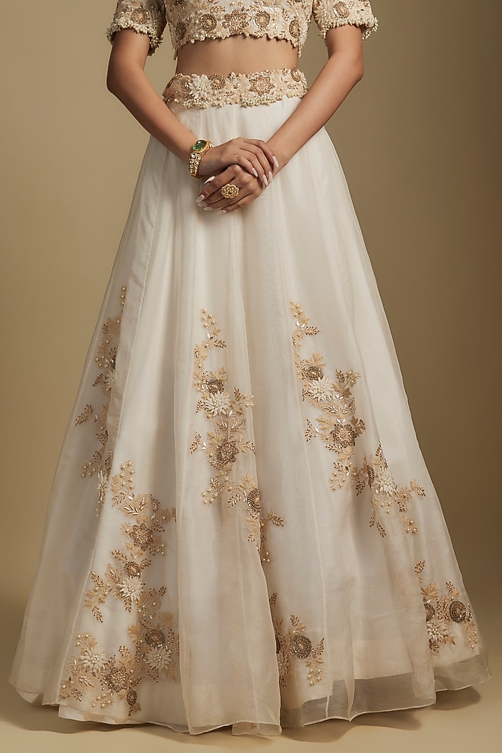 Ivory Organza Resham Work Bridal Lehenga Set by Prisho at Pernia's Pop Up Shop