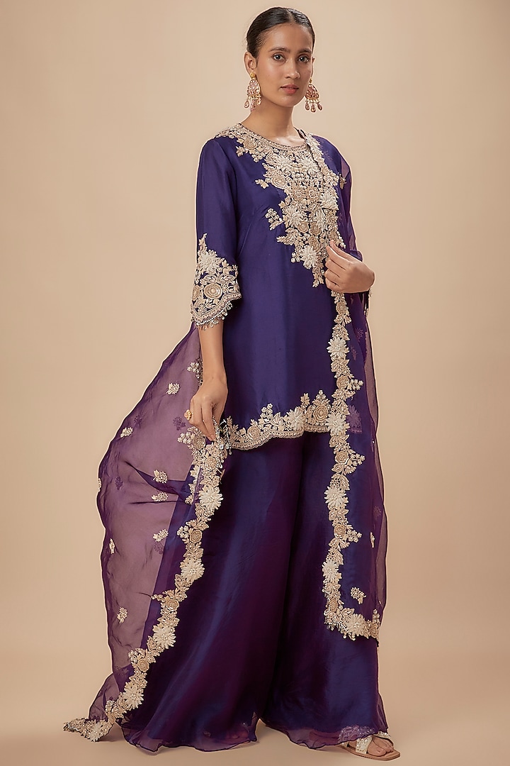 Dark Purple Silk Resham Embroidered Short Kurta Set by Prisho at Pernia's Pop Up Shop