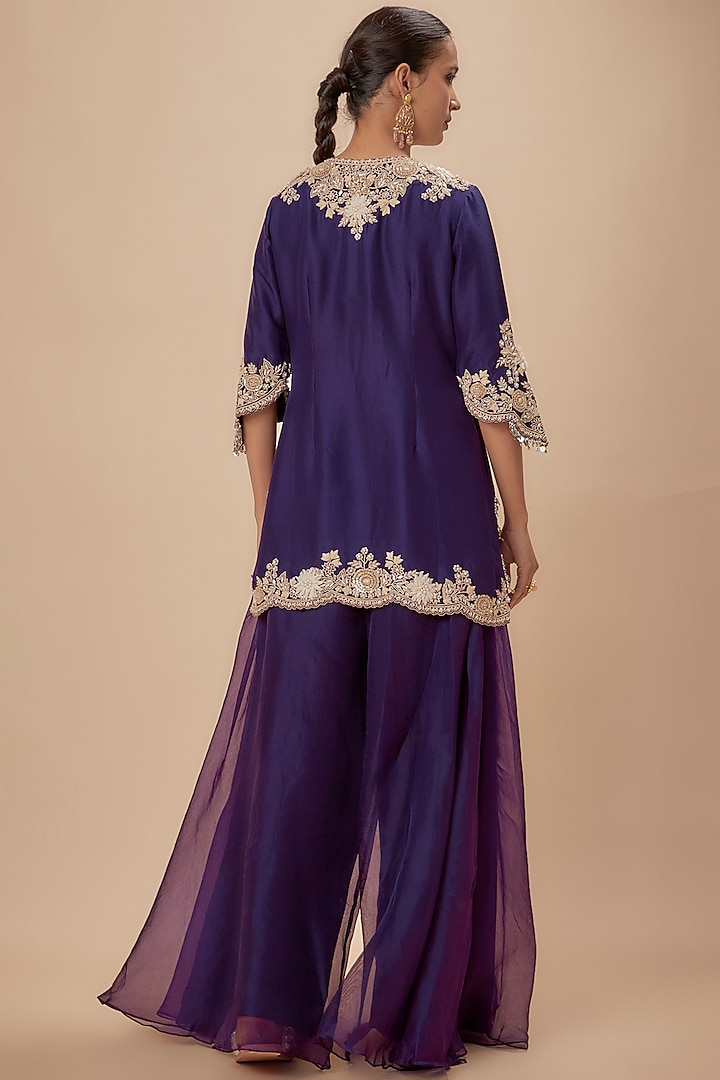 Dark Purple Silk Resham Embroidered Short Kurta Set by Prisho at Pernia's Pop Up Shop