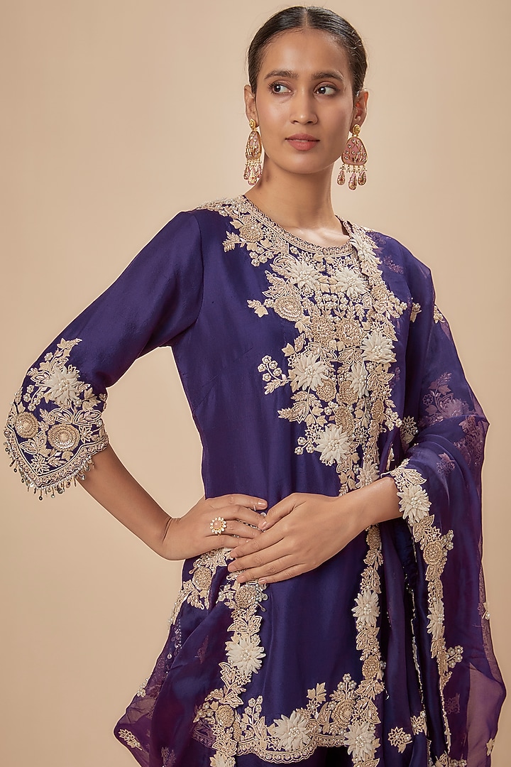 Dark Purple Silk Resham Embroidered Short Kurta Set by Prisho at Pernia's Pop Up Shop