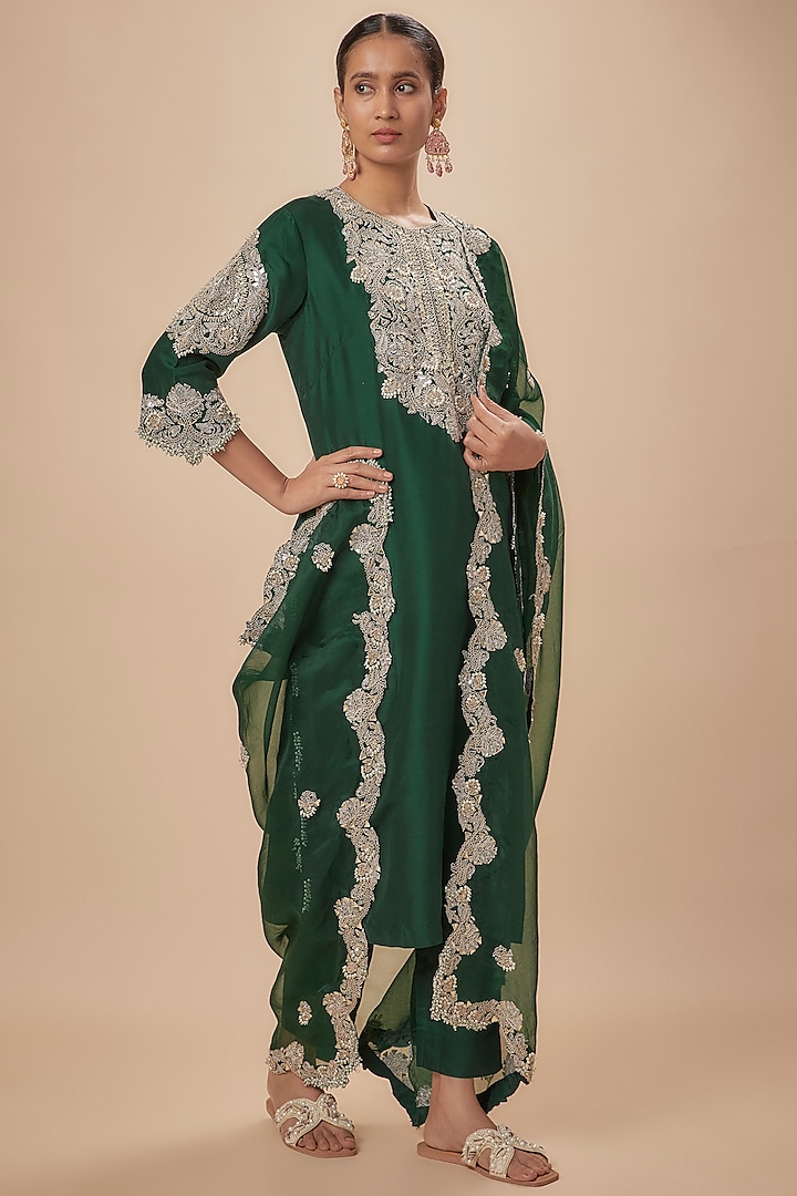 Bottle Green Silk Gota Embroidered Kurta Set by Prisho at Pernia's Pop Up Shop