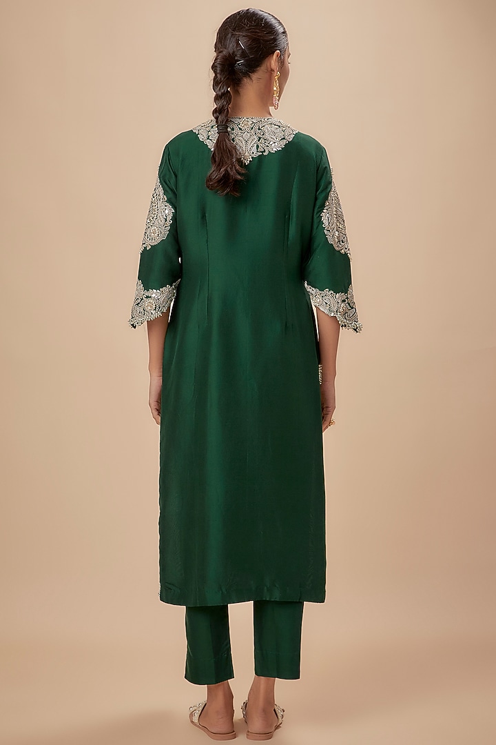 Bottle Green Silk Gota Embroidered Kurta Set by Prisho at Pernia's Pop Up Shop