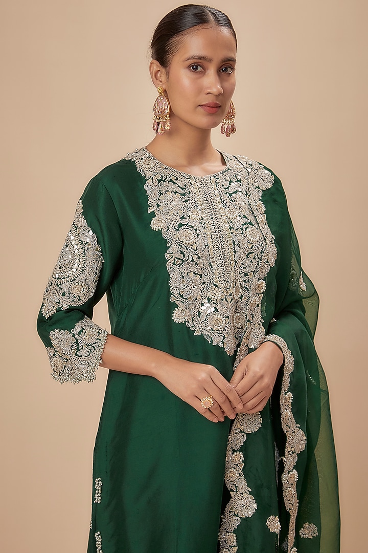 Bottle Green Silk Gota Embroidered Kurta Set by Prisho at Pernia's Pop Up Shop