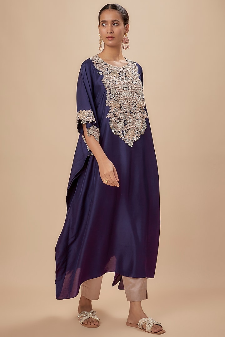 Deep Purple Silk Resham Embroidered Kaftan Set by Prisho at Pernia's Pop Up Shop