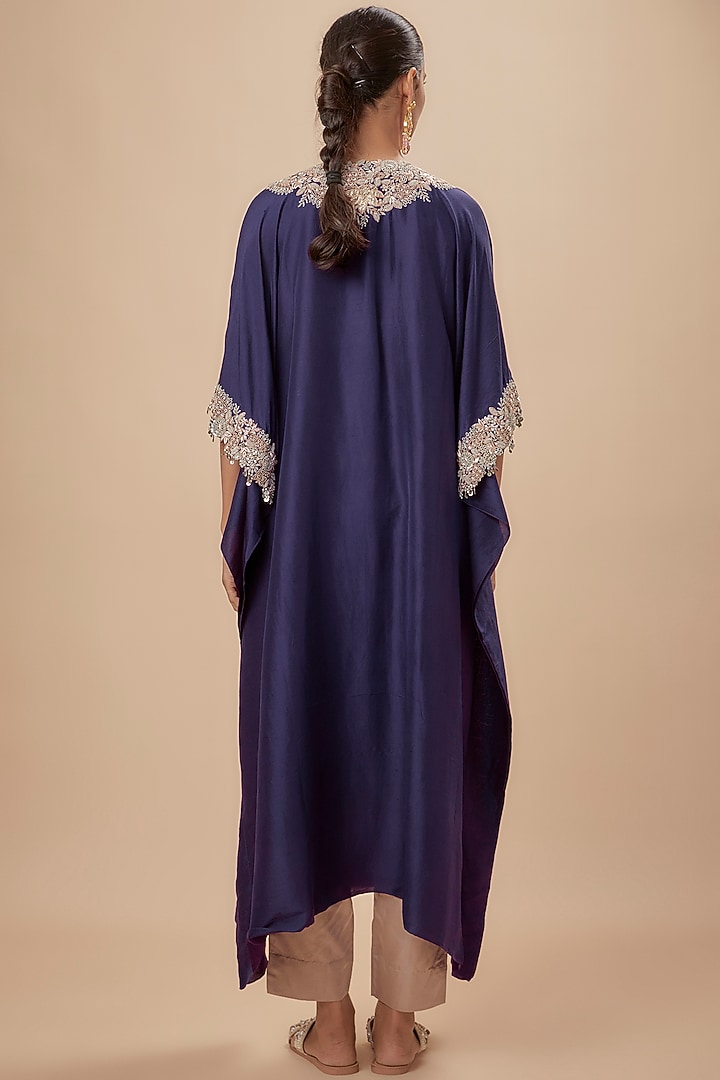Deep Purple Silk Resham Embroidered Kaftan Set by Prisho at Pernia's Pop Up Shop