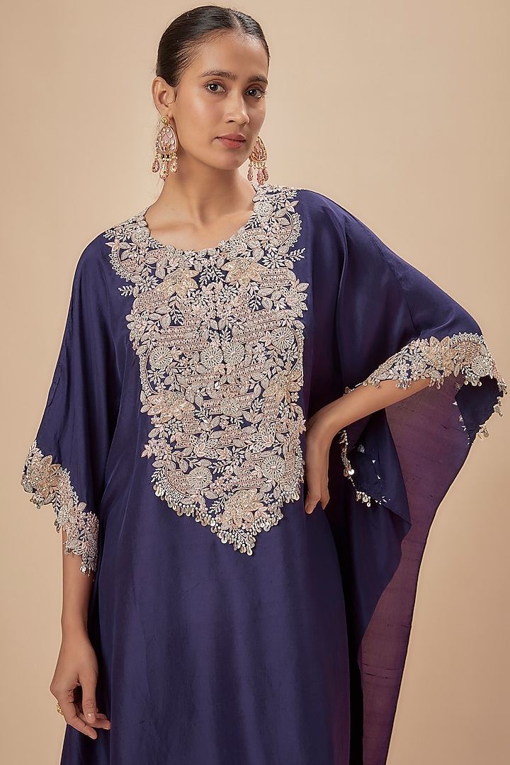 Deep Purple Silk Resham Embroidered Kaftan Set by Prisho at Pernia's Pop Up Shop
