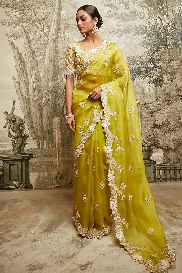 Lime Green Organza Resham Work Saree Set by Prisho at Pernia's Pop Up Shop