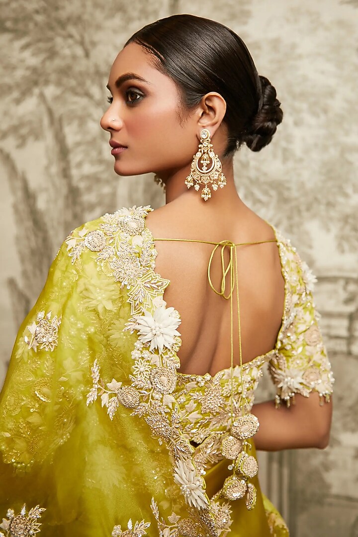 Lime Green Organza Resham Work Saree Set by Prisho at Pernia's Pop Up Shop
