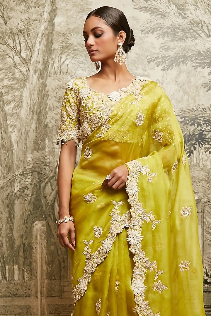 Lime Green Organza Resham Work Saree Set by Prisho at Pernia's Pop Up Shop