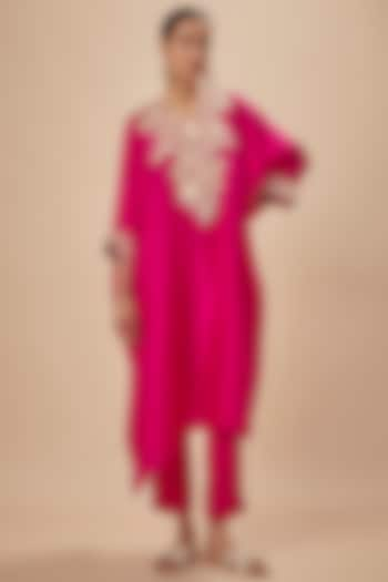 Fuchsia Silk Resham Embroidered Kaftan Set by Prisho at Pernia's Pop Up Shop