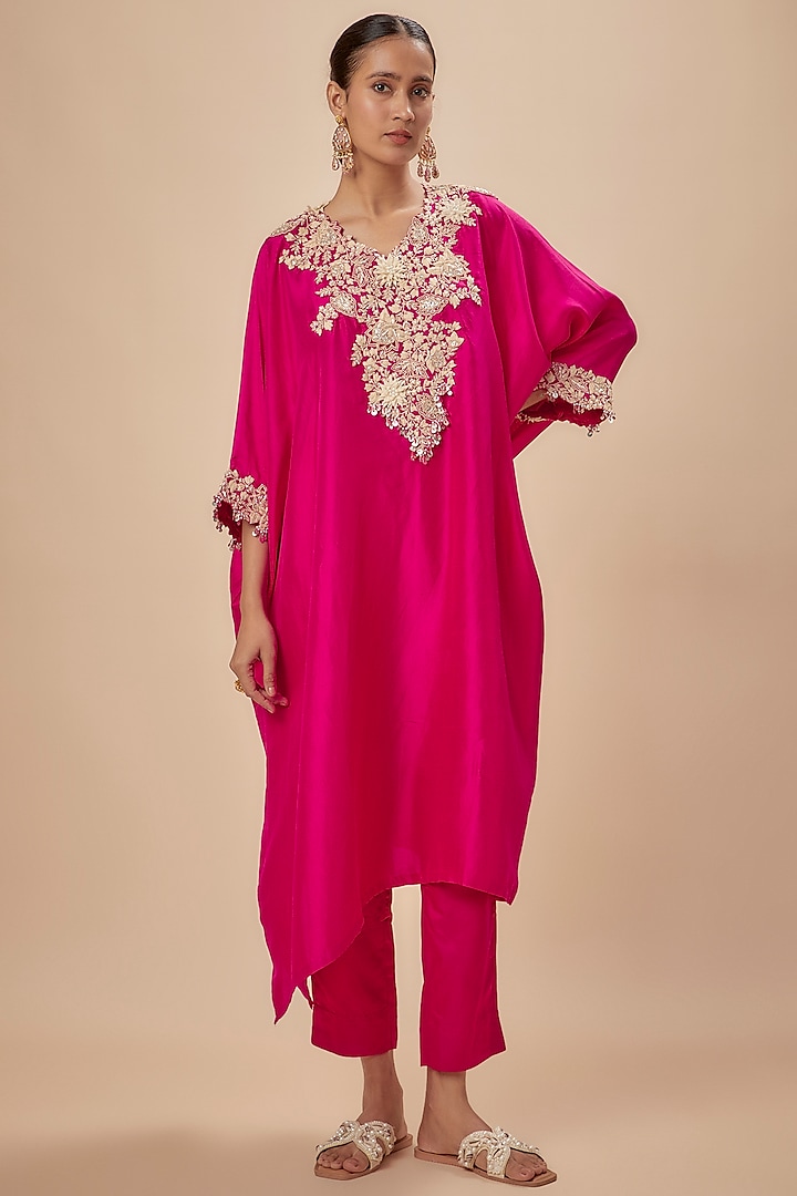 Fuchsia Silk Resham Embroidered Kaftan Set by Prisho at Pernia's Pop Up Shop